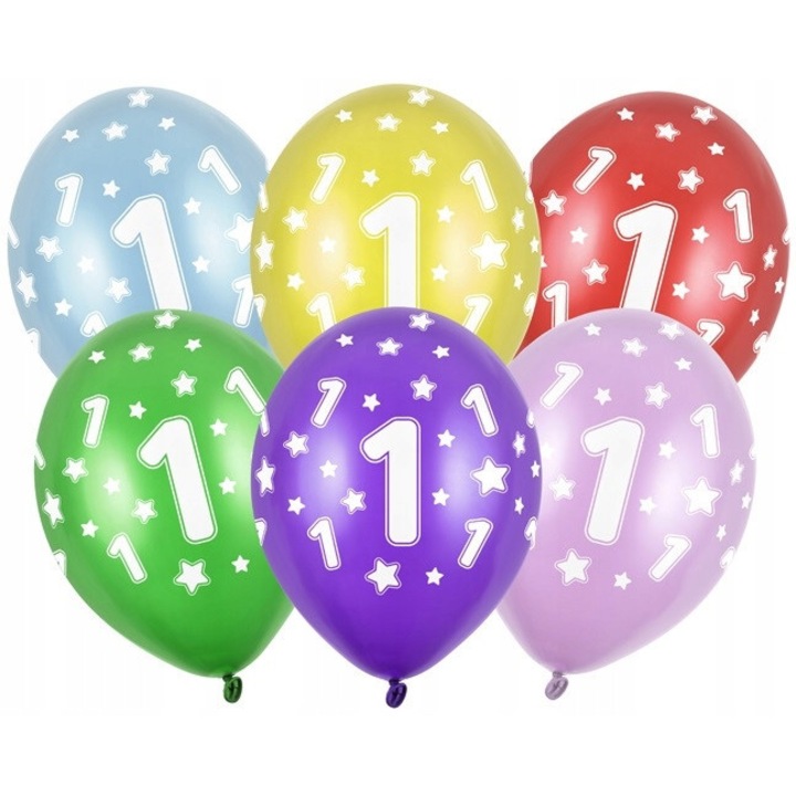 Балони с печат 1 година, Парти декорация, комплект 5 броя, 14 инча, многоцветни
