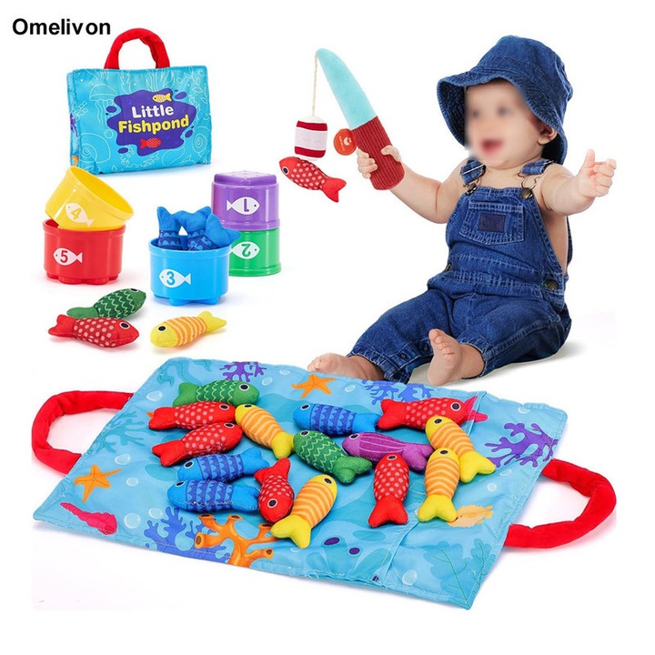 Set de jucarii interactive pentru bebelusi Omelivon, 22 piese, joc de pescuit din material textil, cu galeti stivuibile, pentru copii 1-3 ani