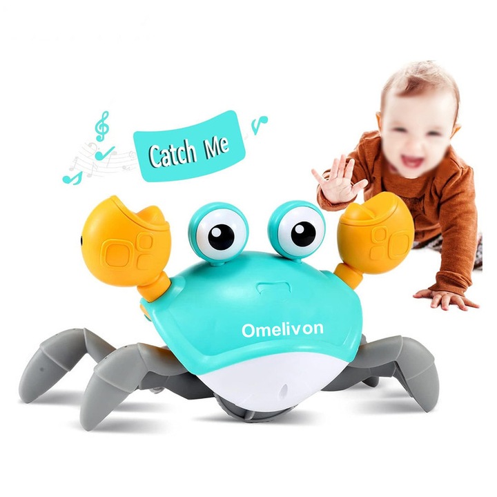Jucarie interactiva pentru bebelusi Omelivon, Crab care se taraste, Omelivon, sunete si lumini, 0-12 luni