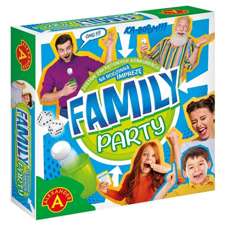Set jocuri de societate Family Party, Alexander, 55 competitii, 2 cuburi, 5 mingi, multicolor