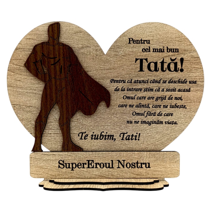 Decor din lemn cu mesaj – Cadou pentru Tata, model 3 – „Supereroul Nostru” – 22 cm