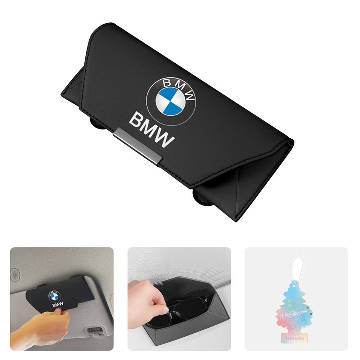 Стойка за автомобилни очила за сенник BMW – Магнитен калъф от PU кожа, черен, 18×7, 5×5 см, метална щипка, кадифен интериор + подарък ароматизатор