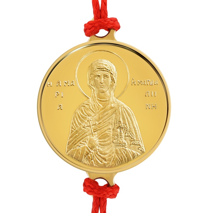 Златна гривна от Macoins Gold Света Мария Магдалена с червен конец, Au 750/1000 (18k) и тегло ~2 гр., 16/1 мм