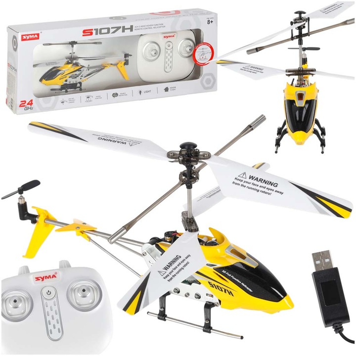 Helikopter RC Syma S107H 2.4GHz, sárga, méretek 22x10,5x3,8cm, komplett készlet