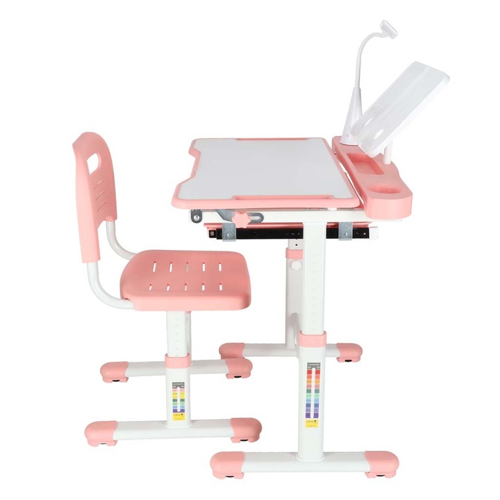 Birou scolar reglabil cu scaun ergonomic si lampa LED USB pentru copii, roz