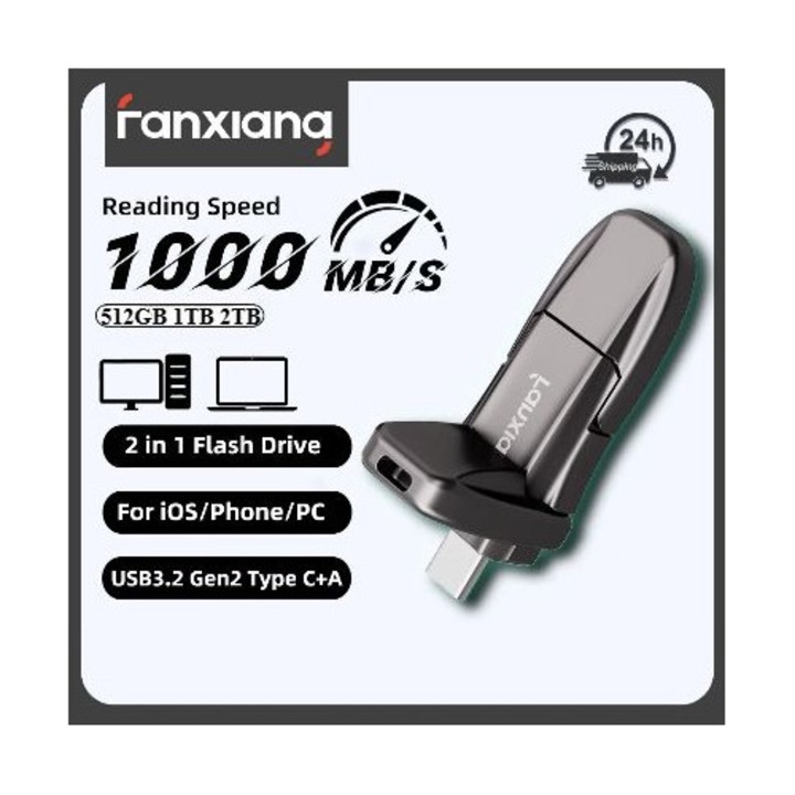 USB флаш памет 512GB, тип C + USB-A, 1000MB/s, черна, 60x21.2x10mm