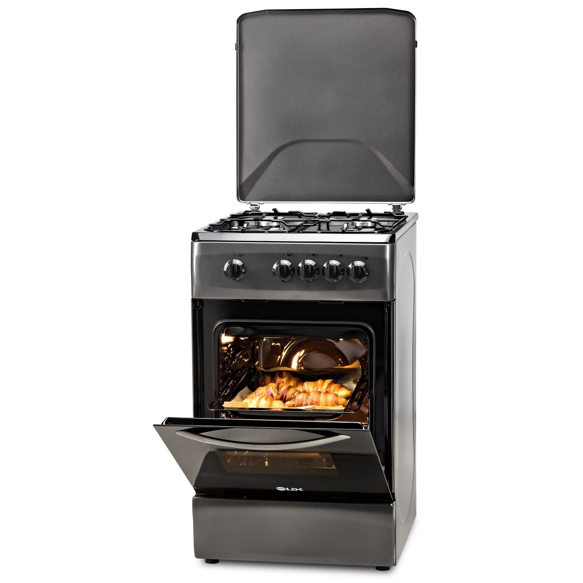 Aragaz LDK 5060 MAT BLACK, Gaz, 4 arzatoare, Capac metalic, Siguranta, 50x60 cm, Negru mat, Preinstalare duze NG/LPG