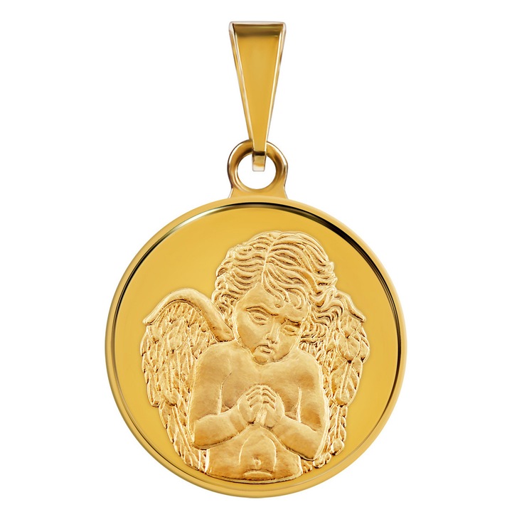 Златен медальон/колие Небесен Ангел, 18 карата злато, Тегло: 2 гр., Диаметър 16 мм, Дебелина: 1 мм