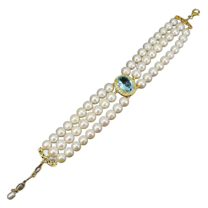 Bratara, argint 925, perle naturale, 21.5x2cm, zirconii