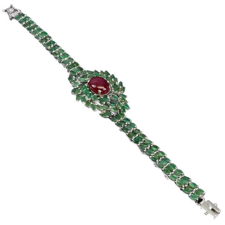 Bratara, argint 925, cu rubin si smaralde naturale, 17.5cm, 135 pietre