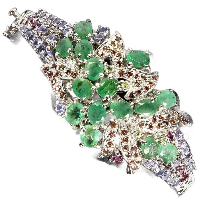 Bratara din argint 925 cu safire naturale Songea, smaralde, tanzanite, rodolit, 55mm, set