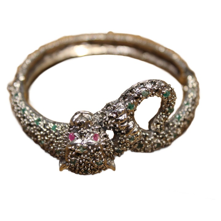 Bratara, argint 925 cu tigru, smaralde, rubine, marcasite, 5.08x4.83cm