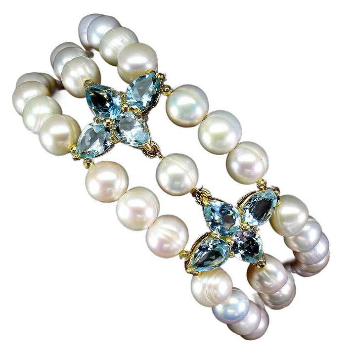 Bratara, argint 925, perle naturale si topaz, 19cm, 140x28mm