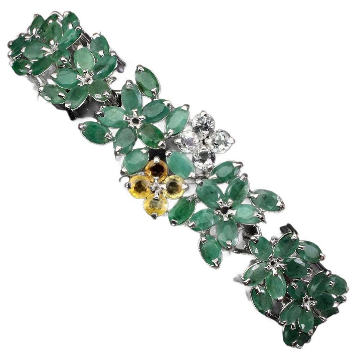 Bratara, Songea, argint 925, topaze albe naturale, smaralde, safire, 17.5cm