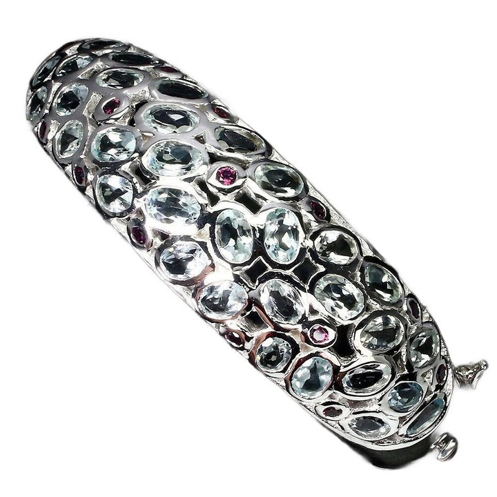 Bratara, argint, cu acvamarine si granate, Songea, 61x18mm, 17.8cm