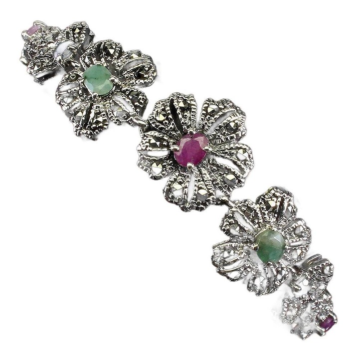 Bratara, argint 925, Songea, smaralde, rubin si safire, 17.78cm, 160x15mm