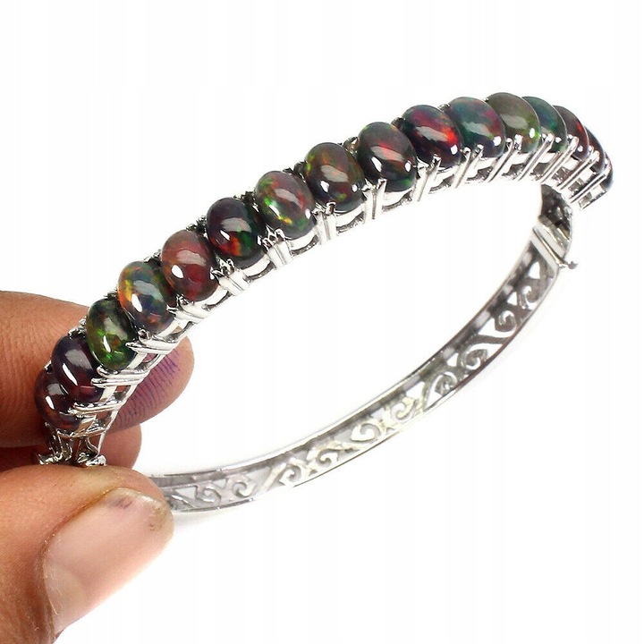 Bratara din argint 925 cu opale negre naturale, 58x7mm, 14K aur alb, set