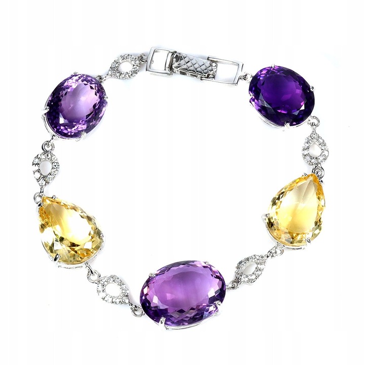 Bratara din argint 925 cu ametiste si citrine, Songea, 94ct, 195x16mm, aurita cu aur alb