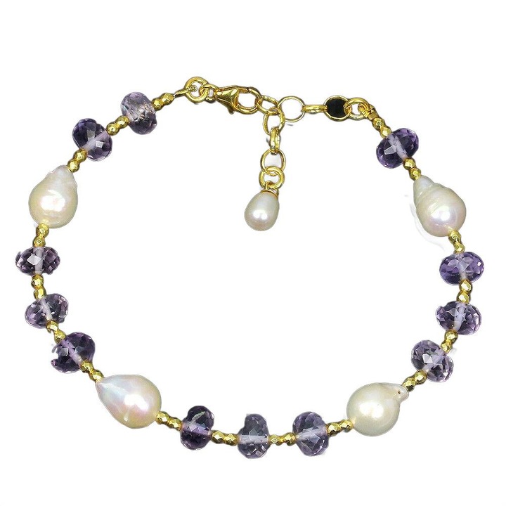 Bratara din argint 925 cu ametiste naturale si perle, 19cm, aurita 14K, 205x8mm, set