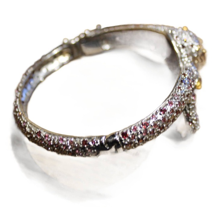 Bratara din argint 925, Songea, cu rodoliti si diopsizi, 62x27mm, aurita 14K