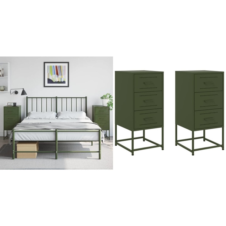 Noptiere, 2 buc., verde olive, 36x39x78 cm, otel