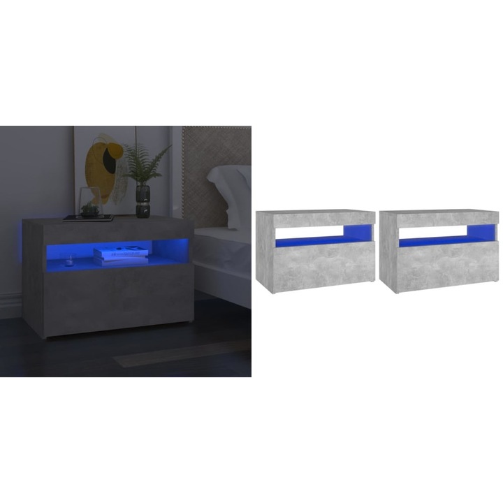 Noptiera cu lumini LED, 2 buc., gri beton, 60x35x40 cm