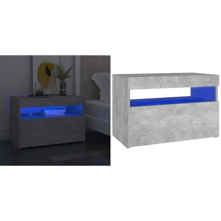 Noptiera cu lumini LED, gri beton, 60x35x40 cm