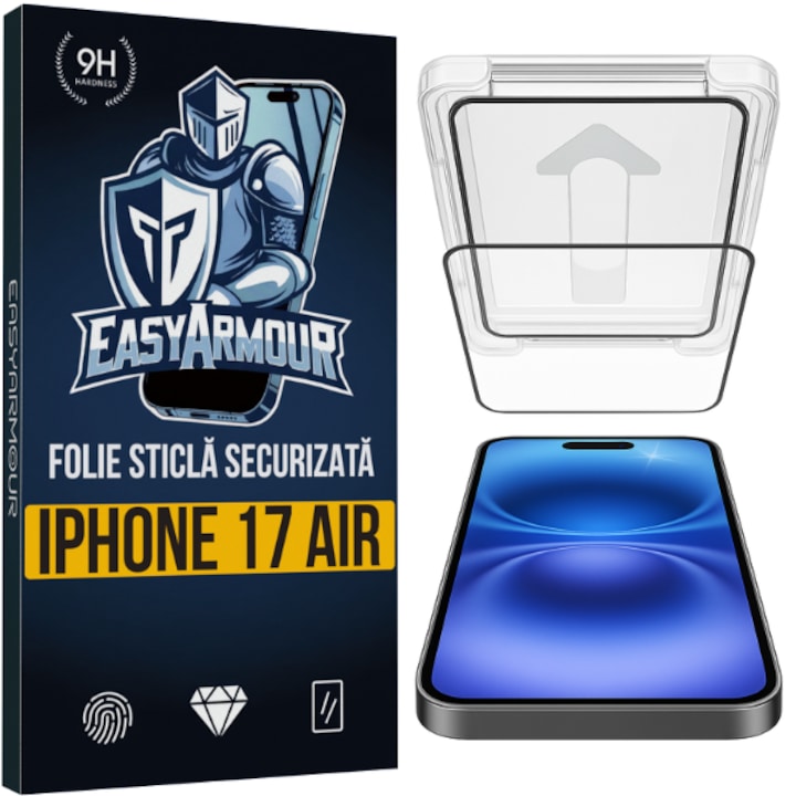 Комплект 2 протектора с интелигентен апликатор EasyArmour, Съвместими с Apple iPhone 17 Air, Поставяне за 5 Секунди, Висока твърдост 9H, Закалено стъкло, Против отпечатъци, 3D Фолио за защита на екрана на телефона