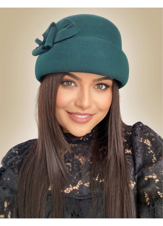 Palarie dama Confortino Miss Magic, fetru italian 100% lana, verde persan, marime unica, reglabila, dimensiuni 24x23cm.