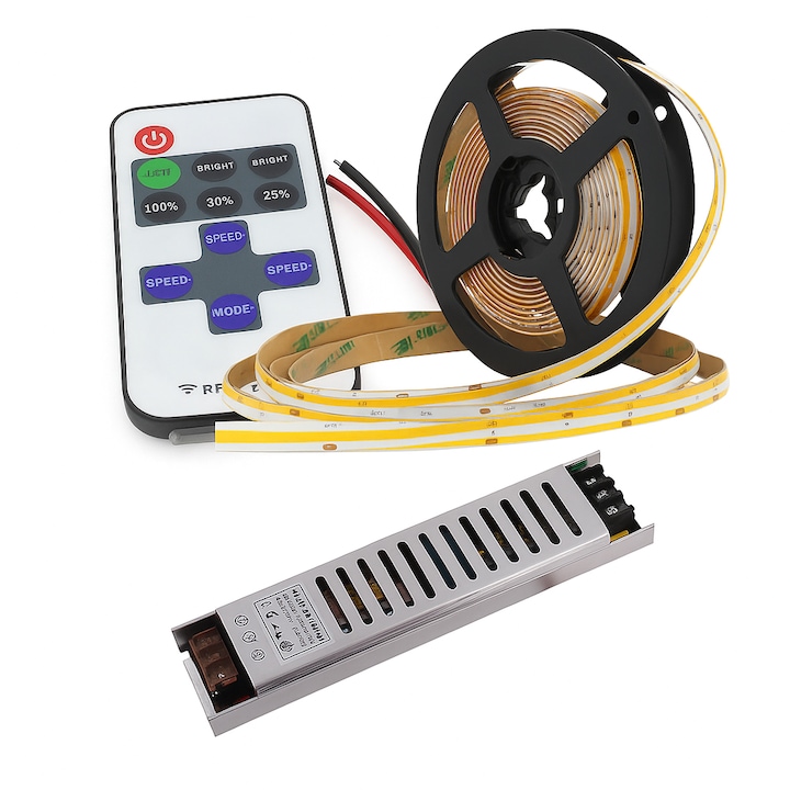 Kit Banda LED COB 12W, ZenLED, 5m, Alb neutru 4000K, cu sursa de alimentare 100W și dimmer RF cu telecomandă
