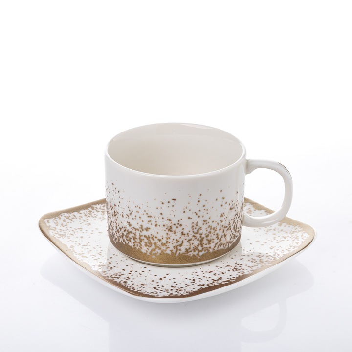 Set 6 Cesti Cafea Portelan 150 ml cu Farfurioara Patrata – Gradient Auriu