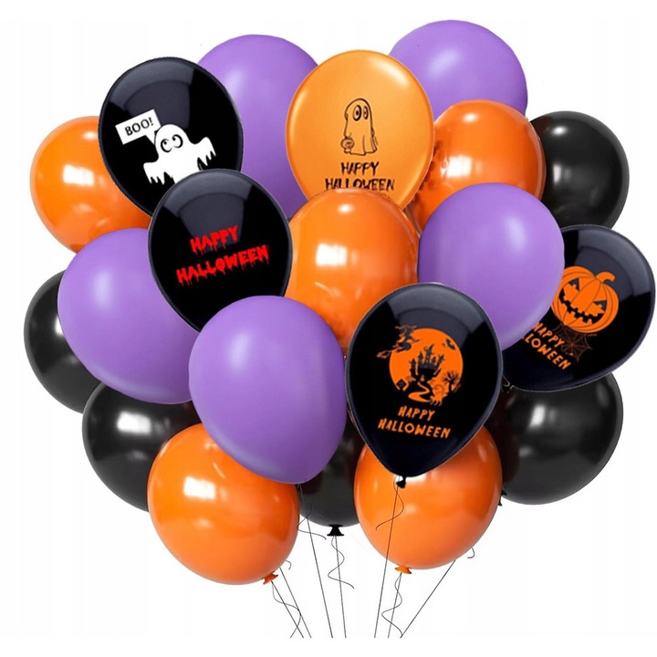 Set baloane Halloween, PartyPro, 20 buc, pomaranjii, negri, violet, 14 inch, 12 inch