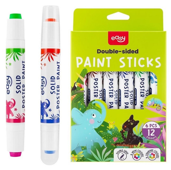 Комплект акварели Easy Stationery, 12 цвята, 6 неонови цвята, 6 основни цвята, бързосъхнещи