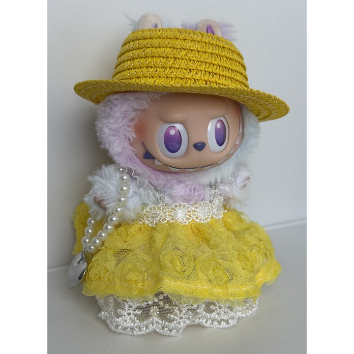 Комплект аксесоари за кукли Labubu 15/17 см, дантелена рокля бяло/жълто