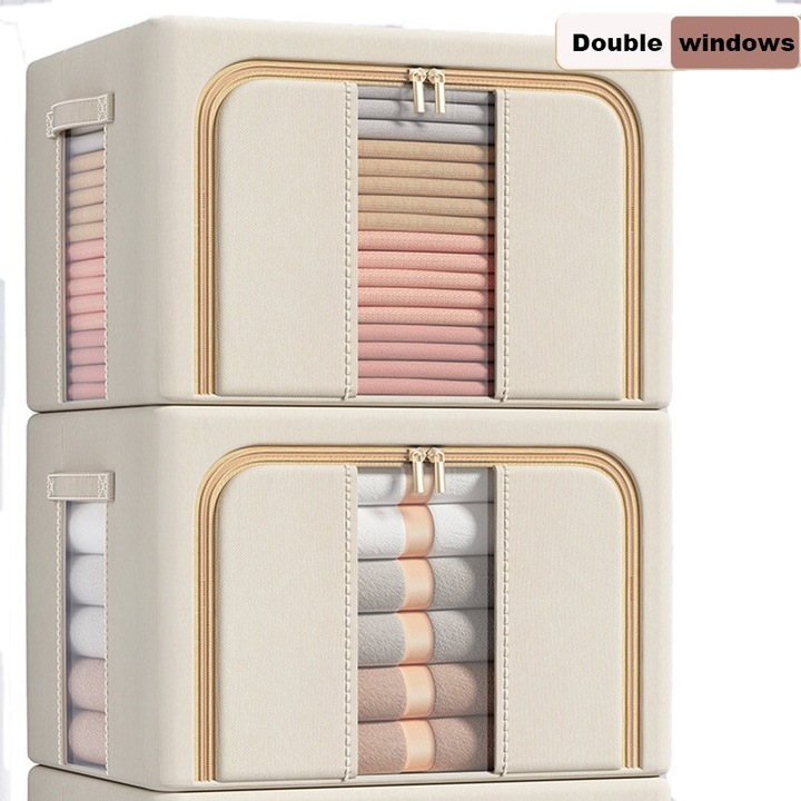 Cutie de depozitare pliabila cu doua ferestre, fermoar, material textil, 100 de litri, culoare bej