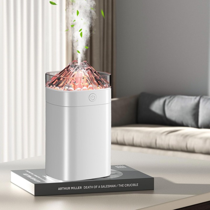 Umidificator de birou, design vulcan, portabil, functie de purificare a aerului, culoare alba, dimensiuni compacte