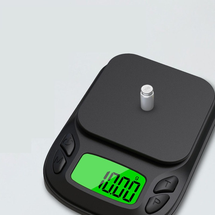 Cantar electronic de precizie, 1000g, 6x6cm, alimentare cu baterii, functie de oprire automata