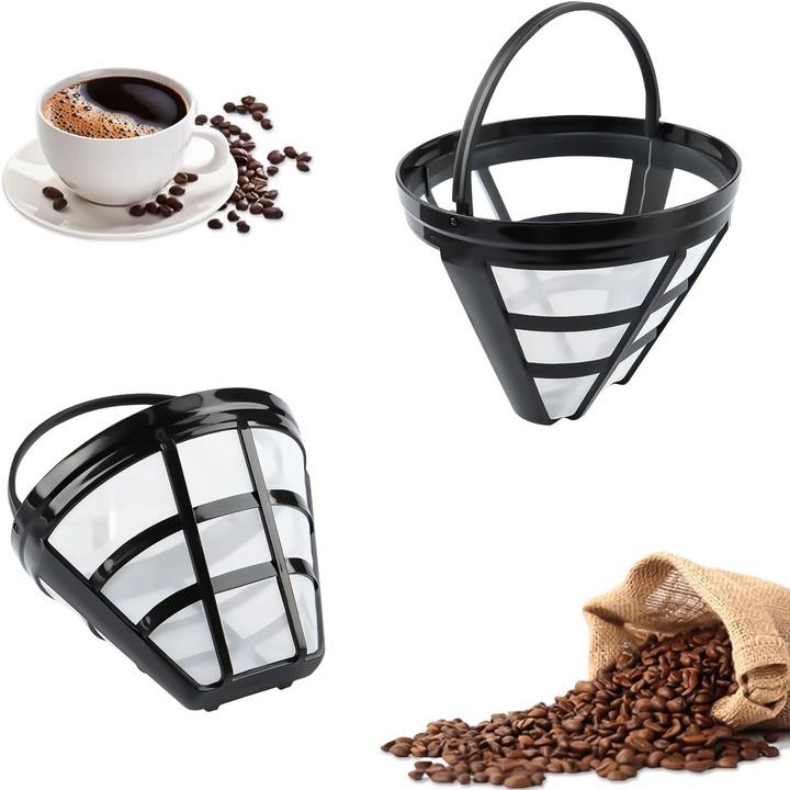 Filtru de cafea reutilizabil, mesh fin, cu maner, universal, pentru toate aparatele de cafea, material PP, rezistent la temperaturi