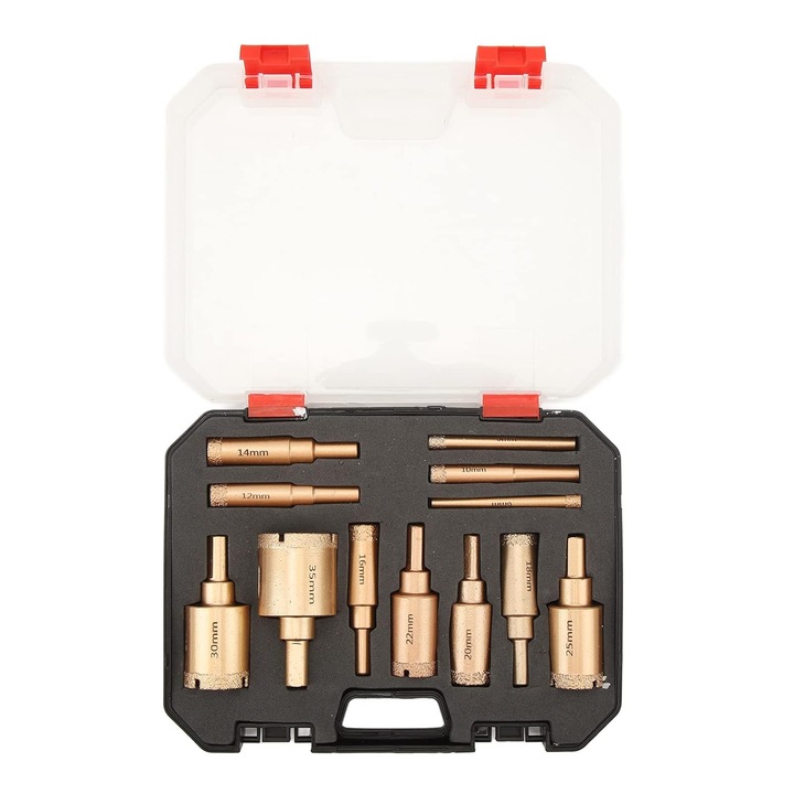 Set de burghie brazate 12 piese, pentru granit si marmura, din otel carbon cu acoperire de diamant, utilizare umeda si uscata