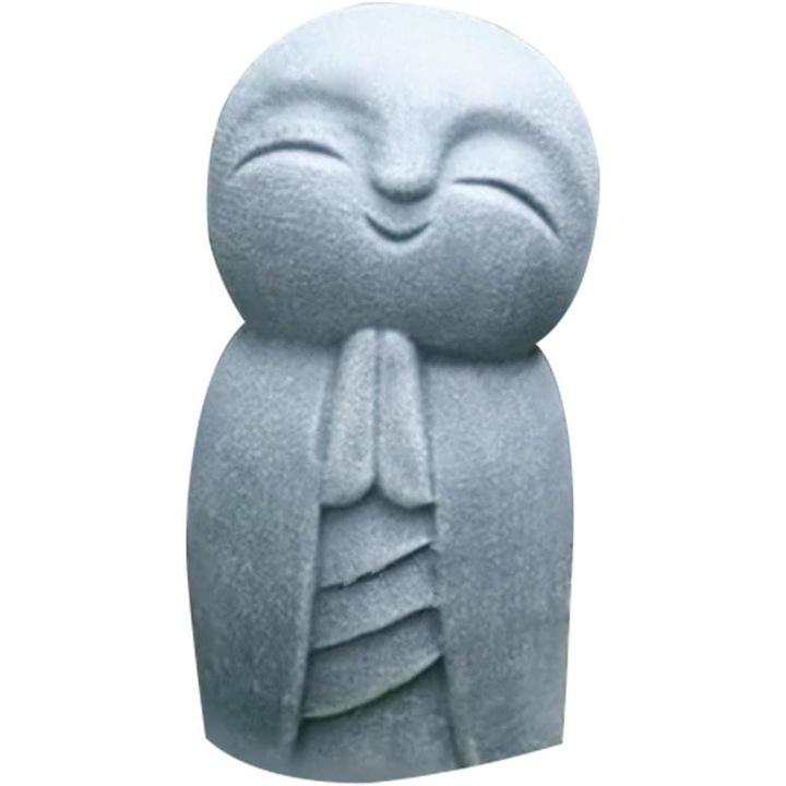 Statueta Jizo japoneza, sculptura din rasina, decor interior/exterior, gri, dimensiuni compacte