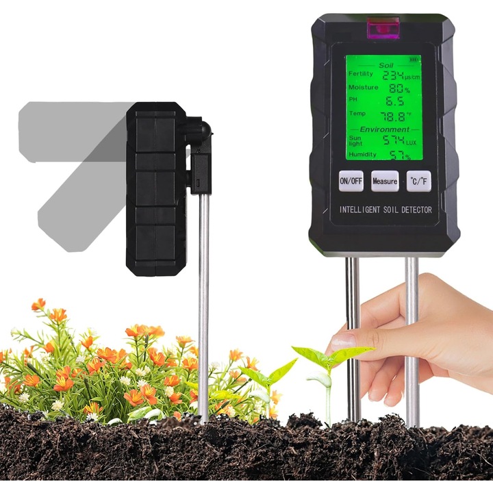 Masurator de umiditate 6-in-1 pentru plante, senzor de sol, display LCD rotativ, masurare pH, umiditate, temperatura, lumina, multicolor