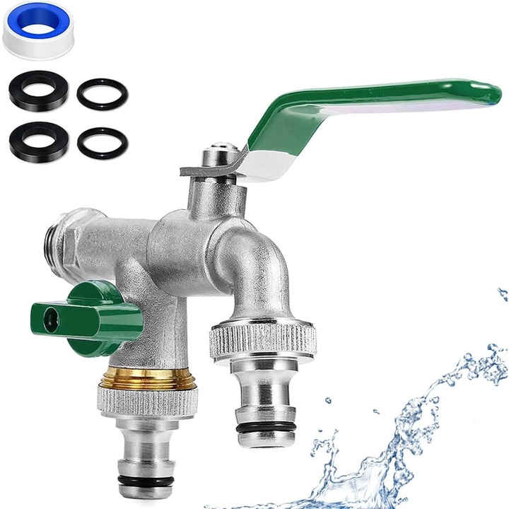 Kétutas csap 1/2-inch, sárgarézből, 2 db 3/4-inch csatlakozóval, 4 tömítéssel és tömítőszalaggal, kerti és ipari használatra