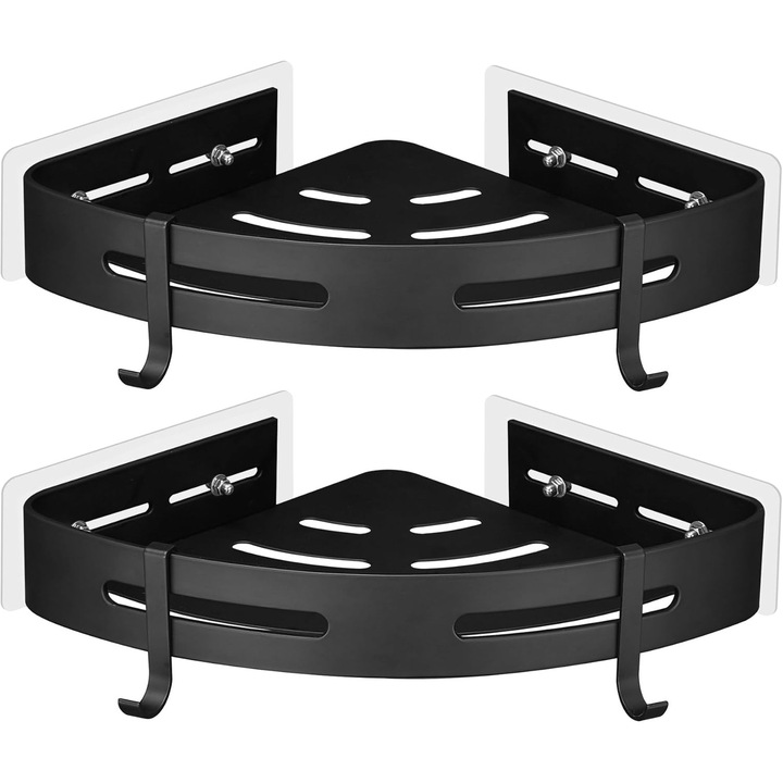 Suport de baie coltar, metal, 2 carlige, negru, fara gaurire, capacitate maxima 10 kg