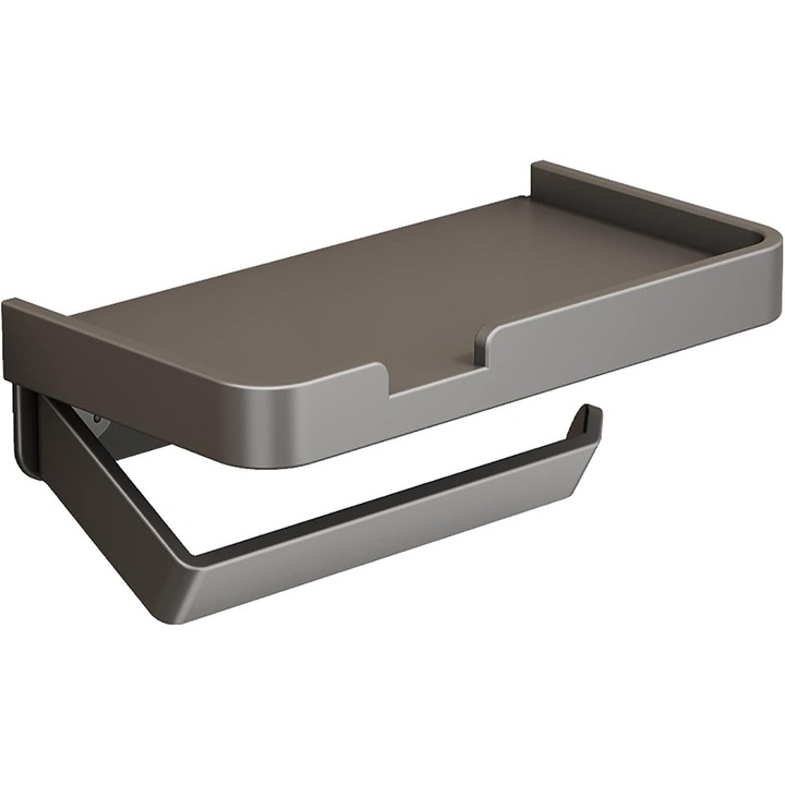 Suport pentru hartie igienica cu raft, montare pe perete, gri, 2 metode de instalare, din aliaj rezistent la apa si rugina