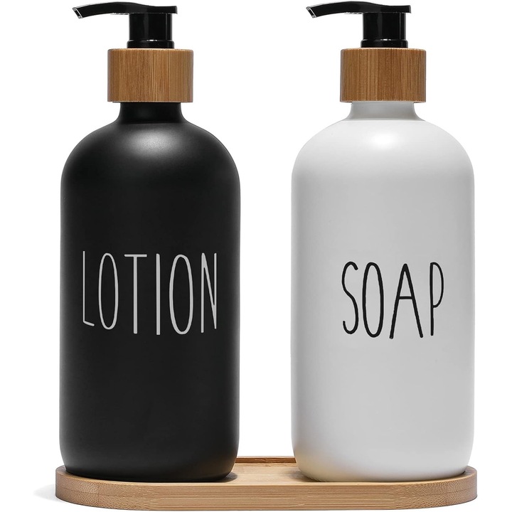 Set de 2 dispensere de sapun din sticla cu pompa din bambus si suport pentru sapun, negru si alb