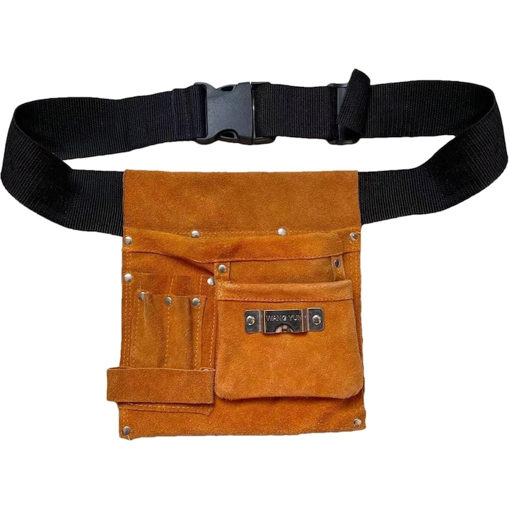 Centura organizatoare scule, multicolor, din piele sintetica, cu suport pentru ciocan, ajustabila.