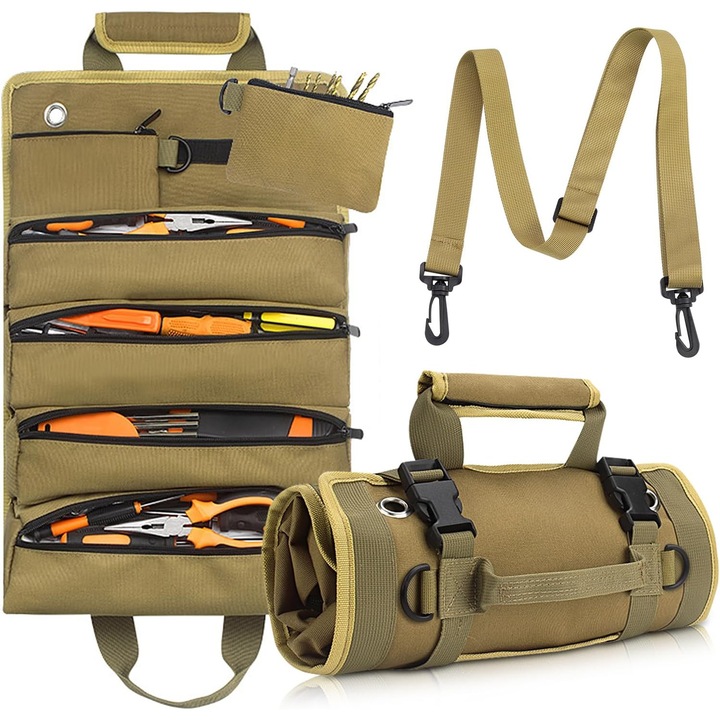 Organizator scule rulat, 5 buzunare cu fermoar, material Oxford, compact, pentru uz casnic si profesional