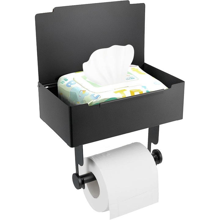 Suport pentru hartie igienica, negru mat, cu raft multifunctional, din otel inoxidabil, design anti-cadere