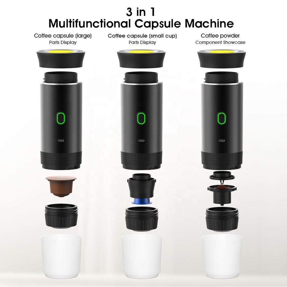 Espressor portabil K0204-20260822-16, compatibil cu capsule de diferite dimensiuni si cafea macinata, incalzire wireless, incarcare USB, negru