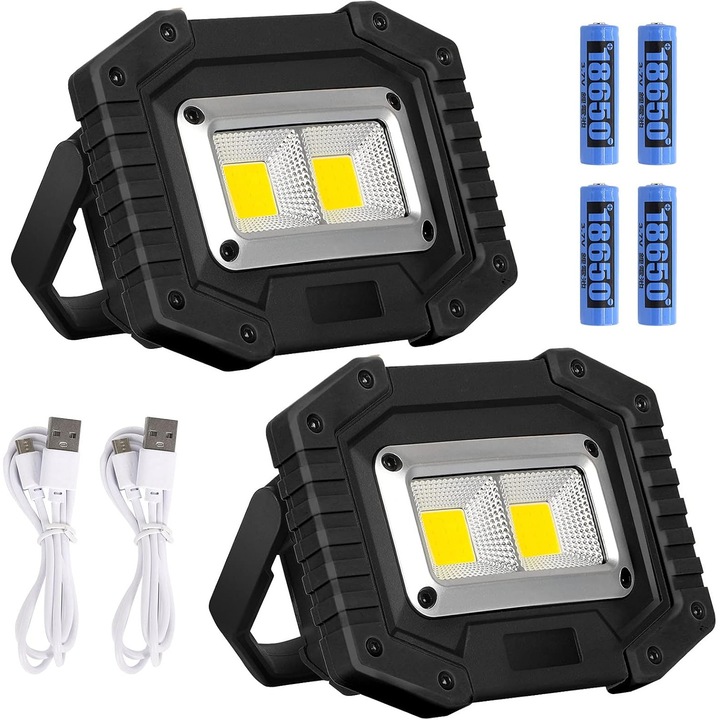 Proiector LED 2000 lumeni, 3 moduri de iluminare, impermeabil, cu suport ajustabil, set de 2 bucati, negru